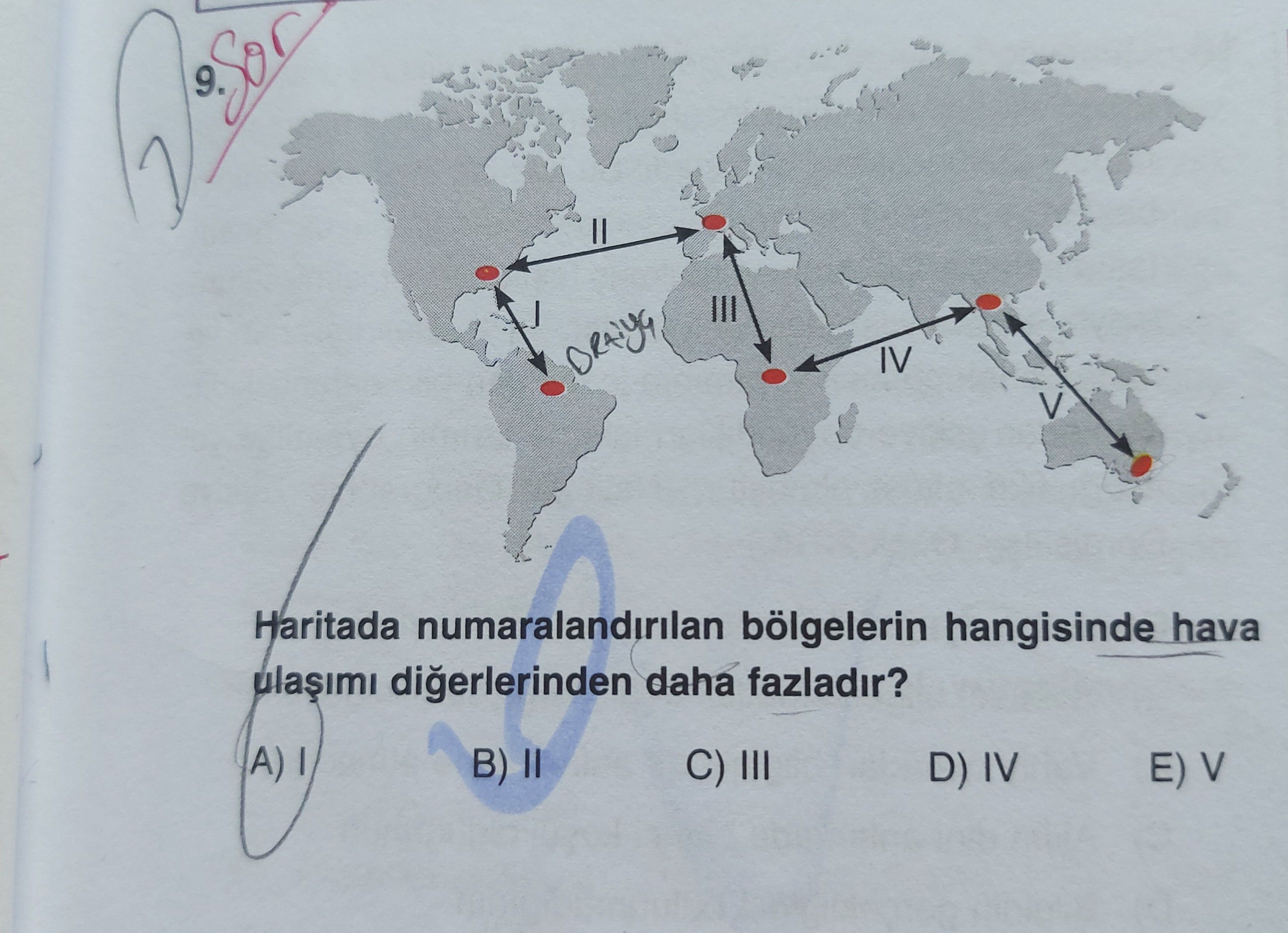Haritada numaralandırılan bölgelerin hangisinde hava ulaşımı diğerlerinden daha fazladır?