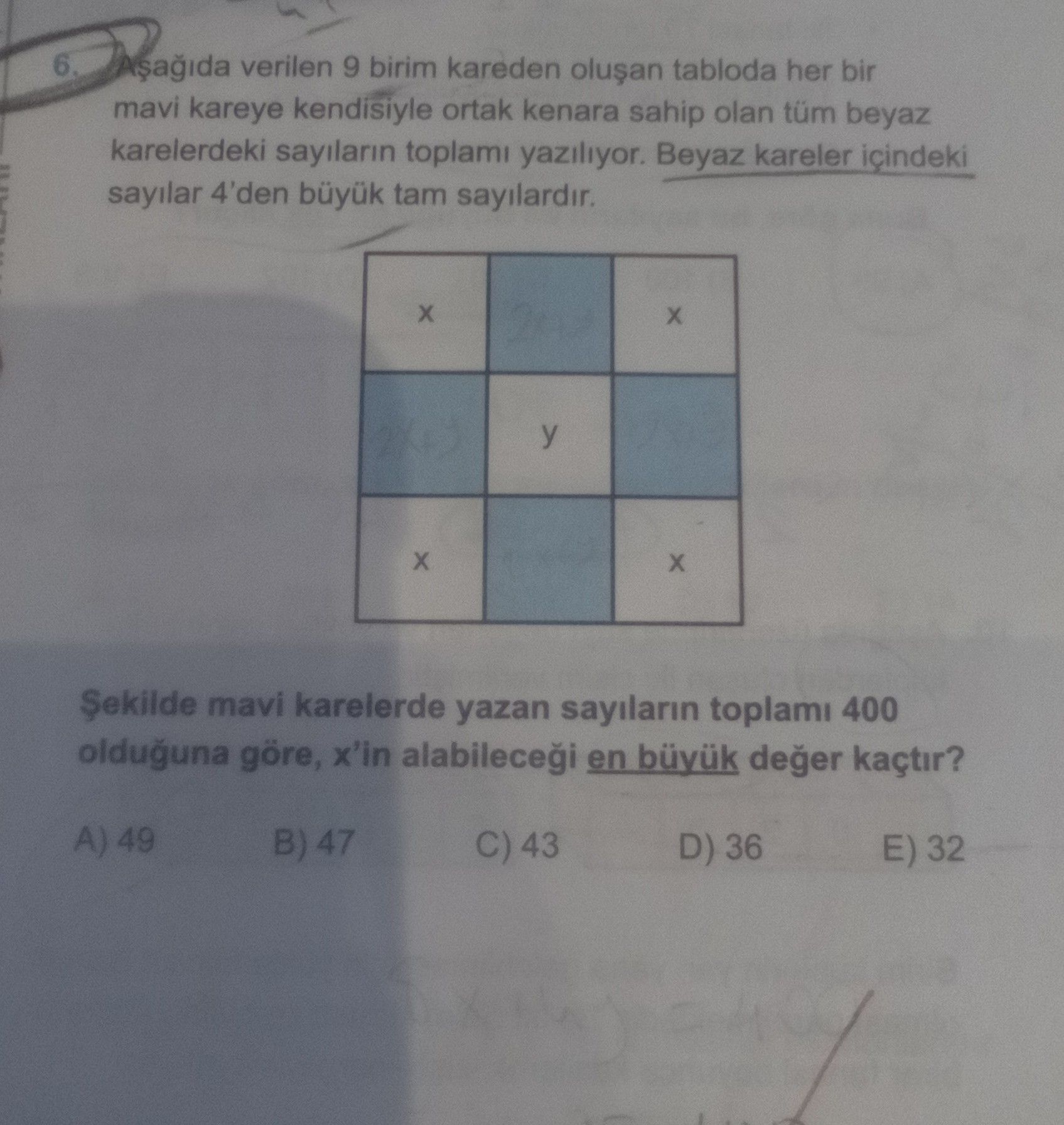 Aşağıda verilen 9 birim kareden oluşan tabloda her bir mavi kareye kendisiyle ortak kenara sahip