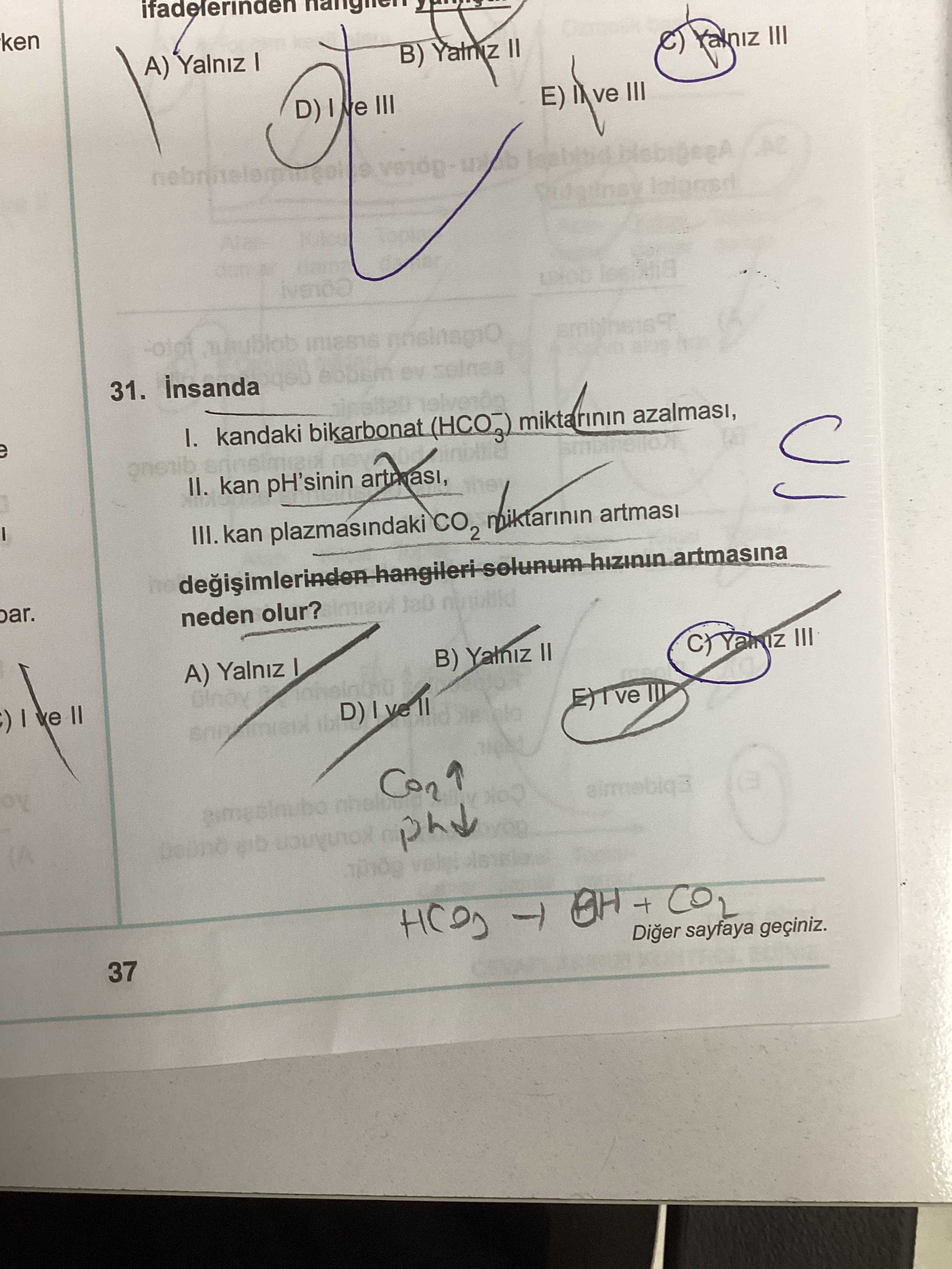 İnsanda I. kandaki bikarbonat (HCO₃⁻) miktarının azalması, II. kan pH'sinin artması, III. kan