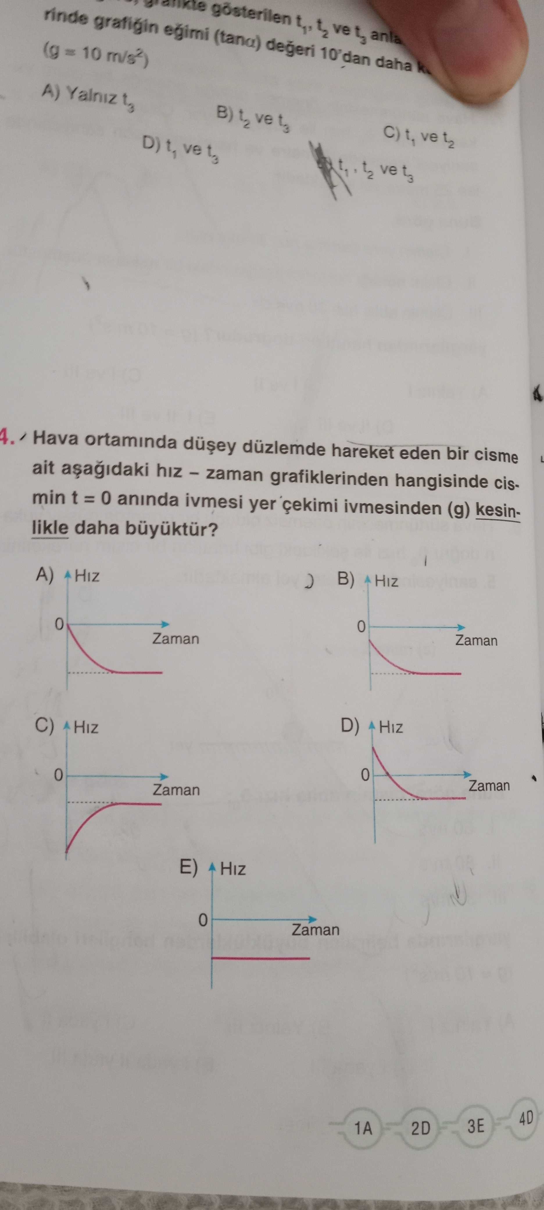 Hava ortamında düşey düzlemde hareket eden bir cisme ait aşağıdaki hız – zaman grafiklerinden