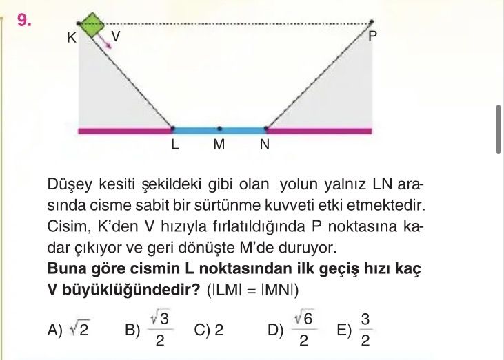 Düşey kesiti şekildeki gibi olan yolun yalnız LN arasında cisme sabit bir sürtünme kuvveti etki
