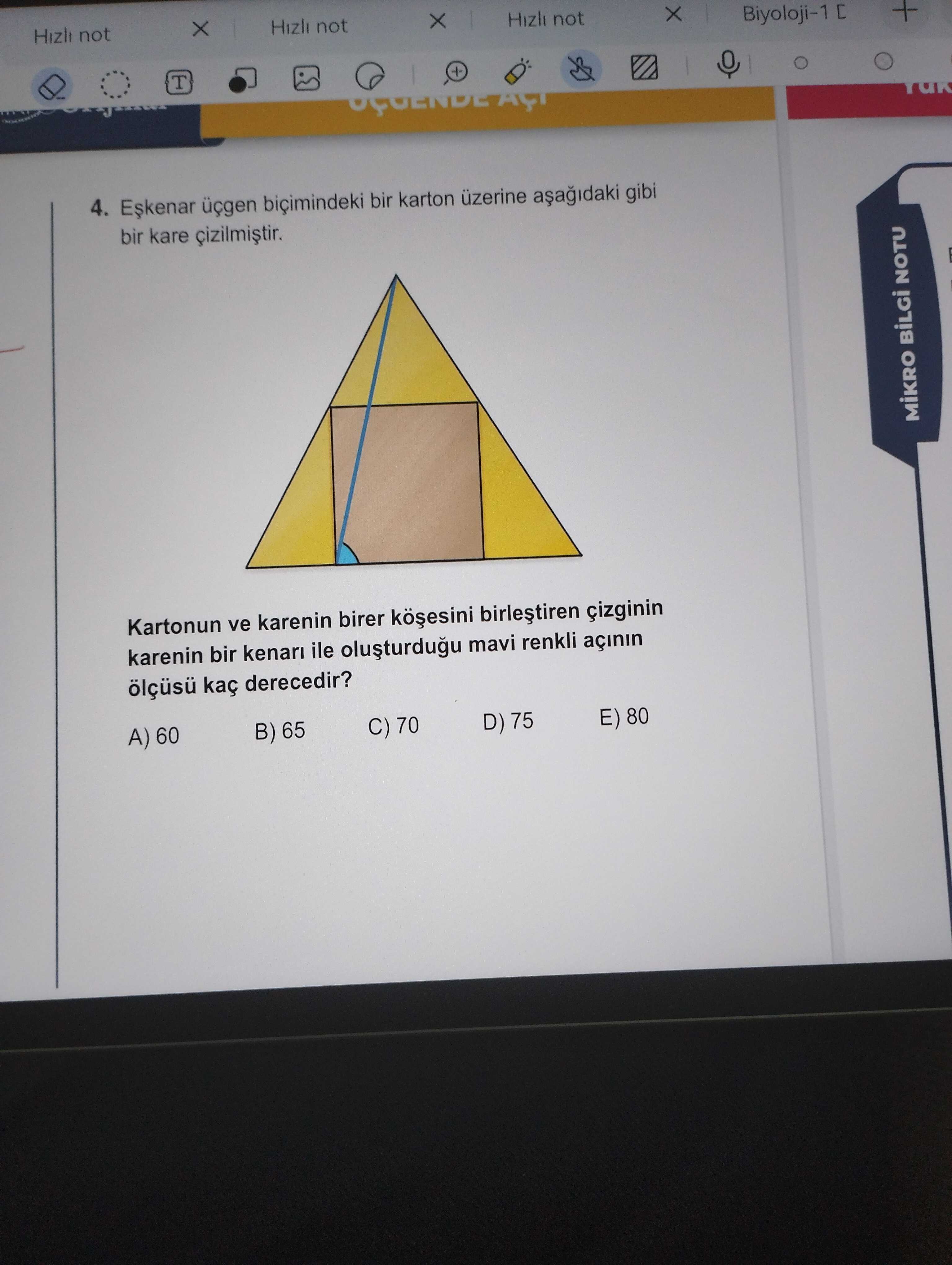 Eşkenar üçgen biçimindeki bir karton üzerine aşağıdaki gibi bir kare çizilmiştir. Kartonun ve