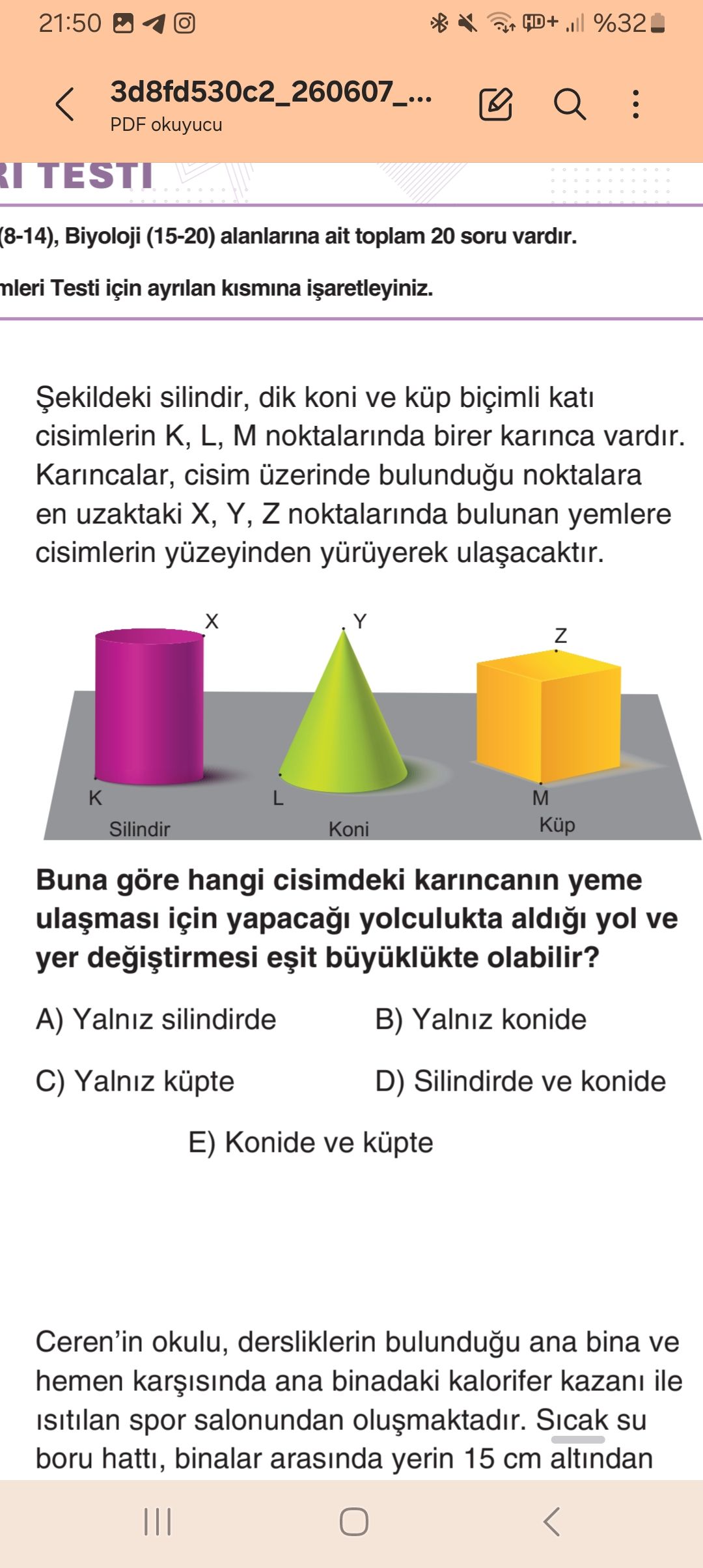 Şekildeki silindir, dik koni ve küp biçimli katı cisimlerin K, L, M noktalarında birer karınca