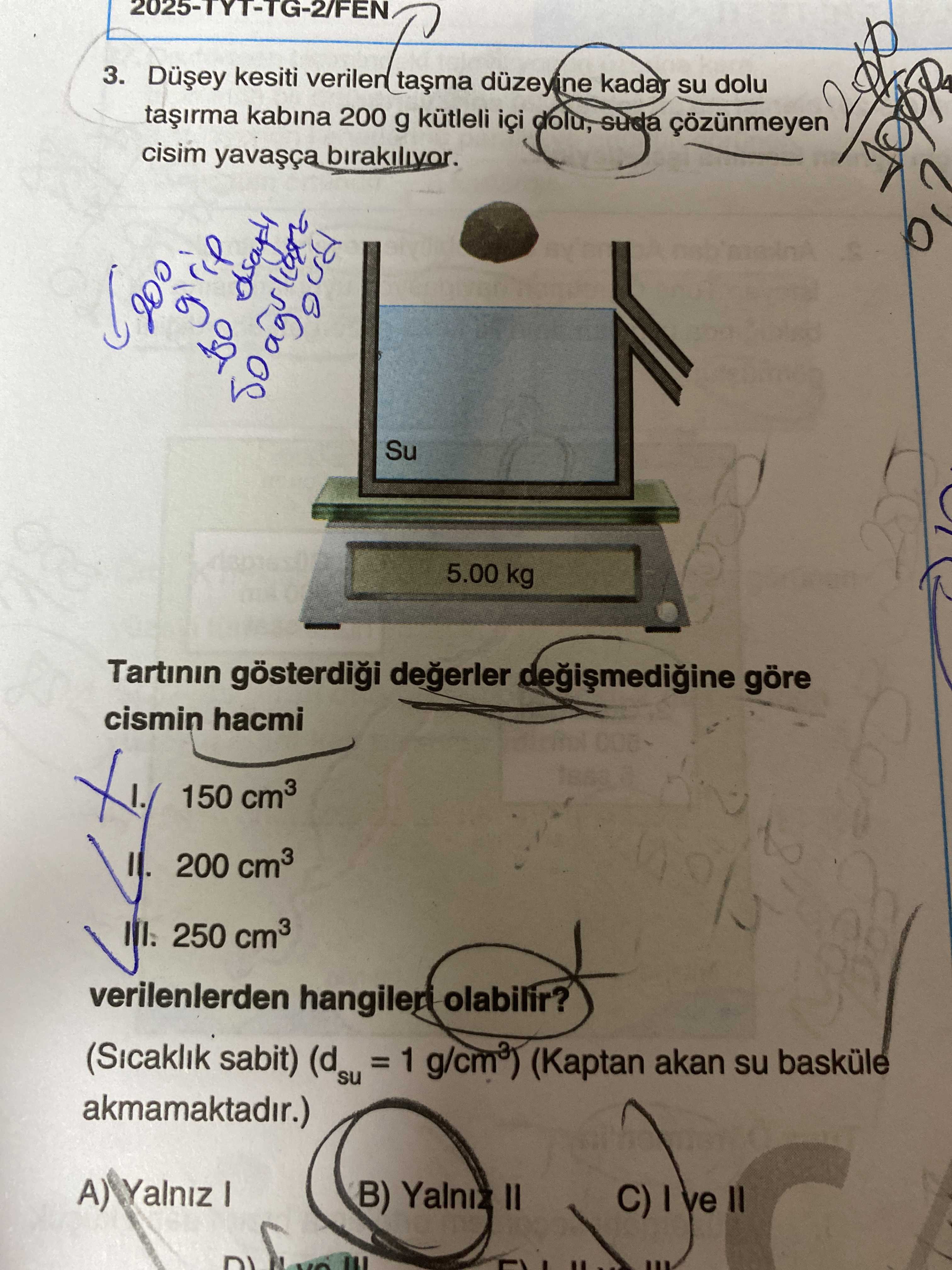 Düşey kesiti verilen taşma düzeyine kadar su dolu taşırma kabına 200 g kütleli içi dolu, suda