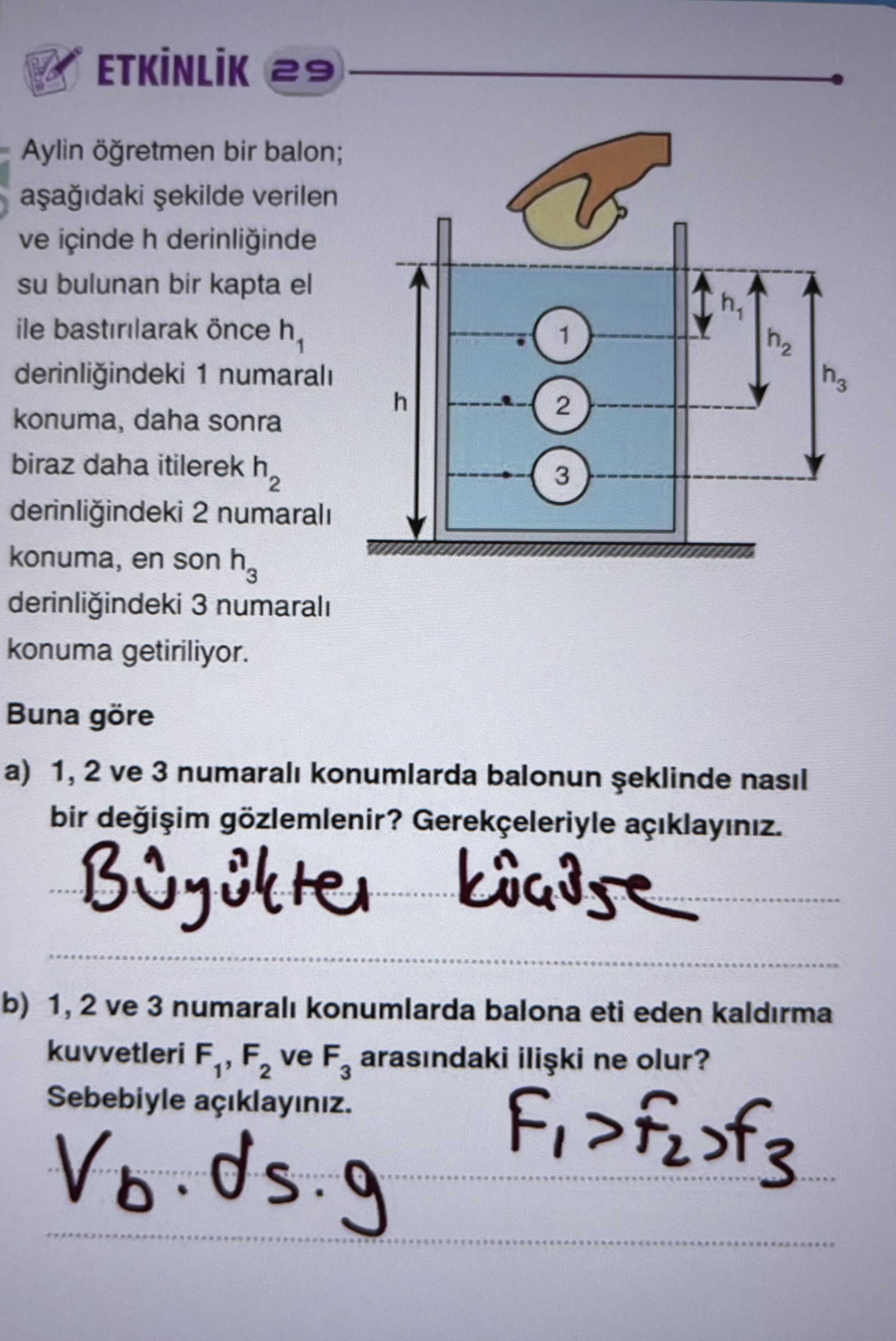 Aylin öğretmen bir balon; aşağıdaki şekilde verilen ve içinde h derinliğinde su bulunan bir kapta el