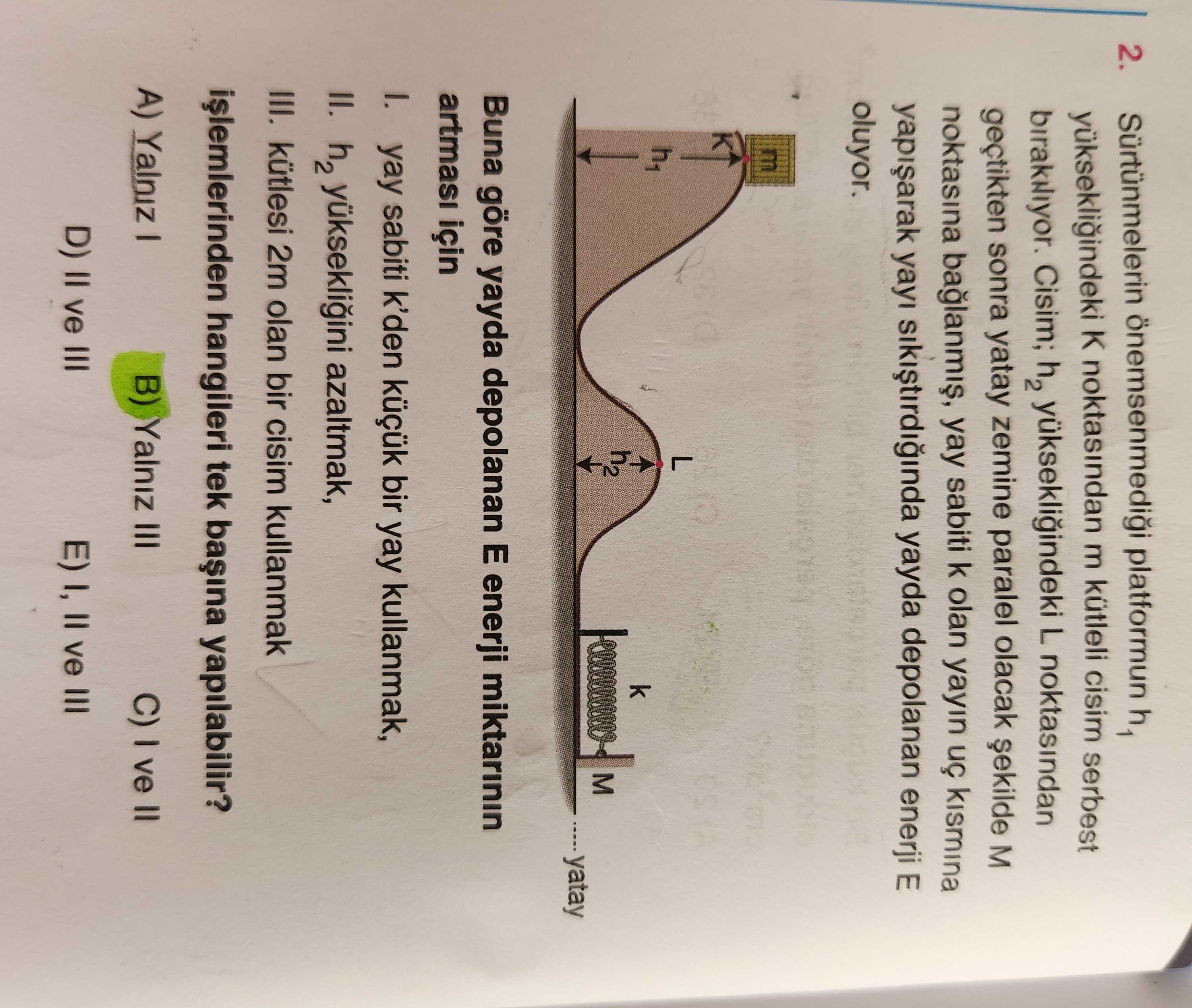 Sürtünmelerin önemsenmediği platformun h₁ yüksekliğindeki K noktasından m kütleli cisim serbest