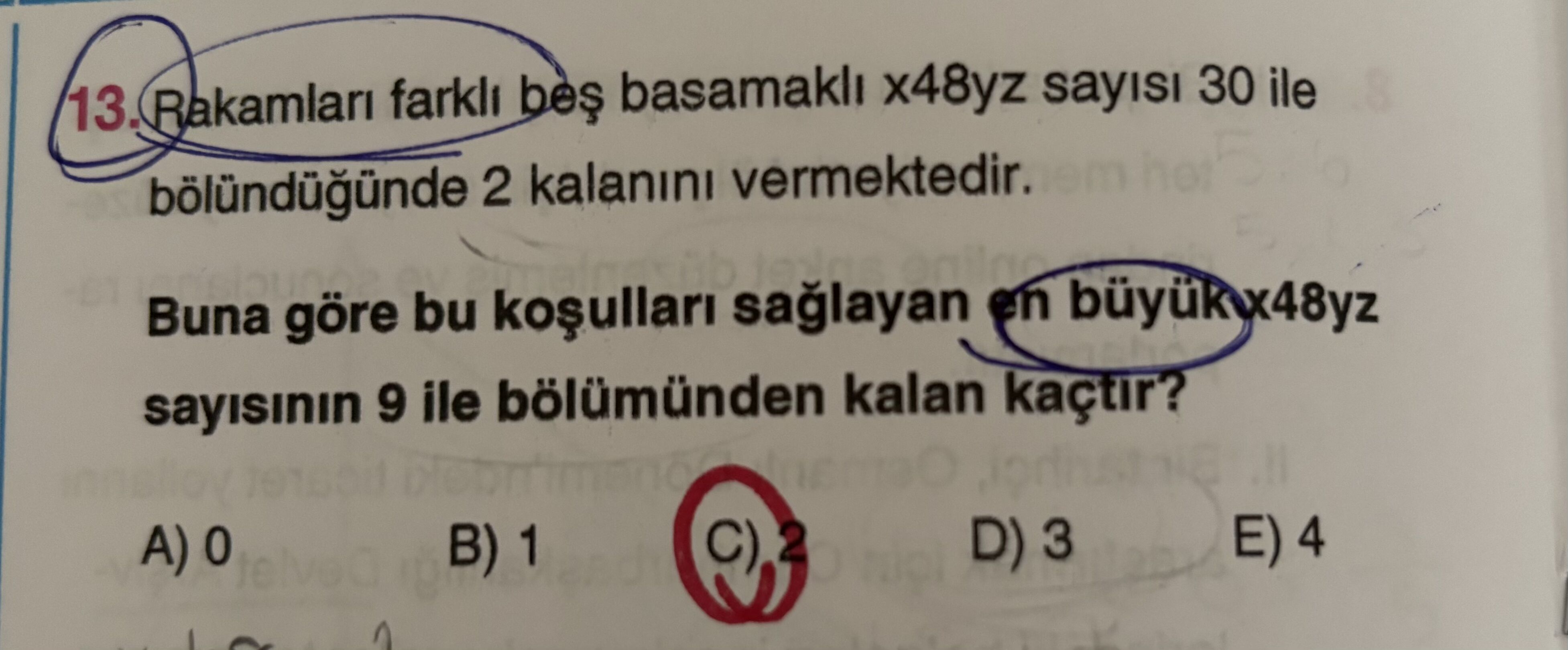 Rakamları farklı beş basamaklı x48yz sayısı 30 ile bölündüğünde 2 kalanını vermektedir. Buna göre bu