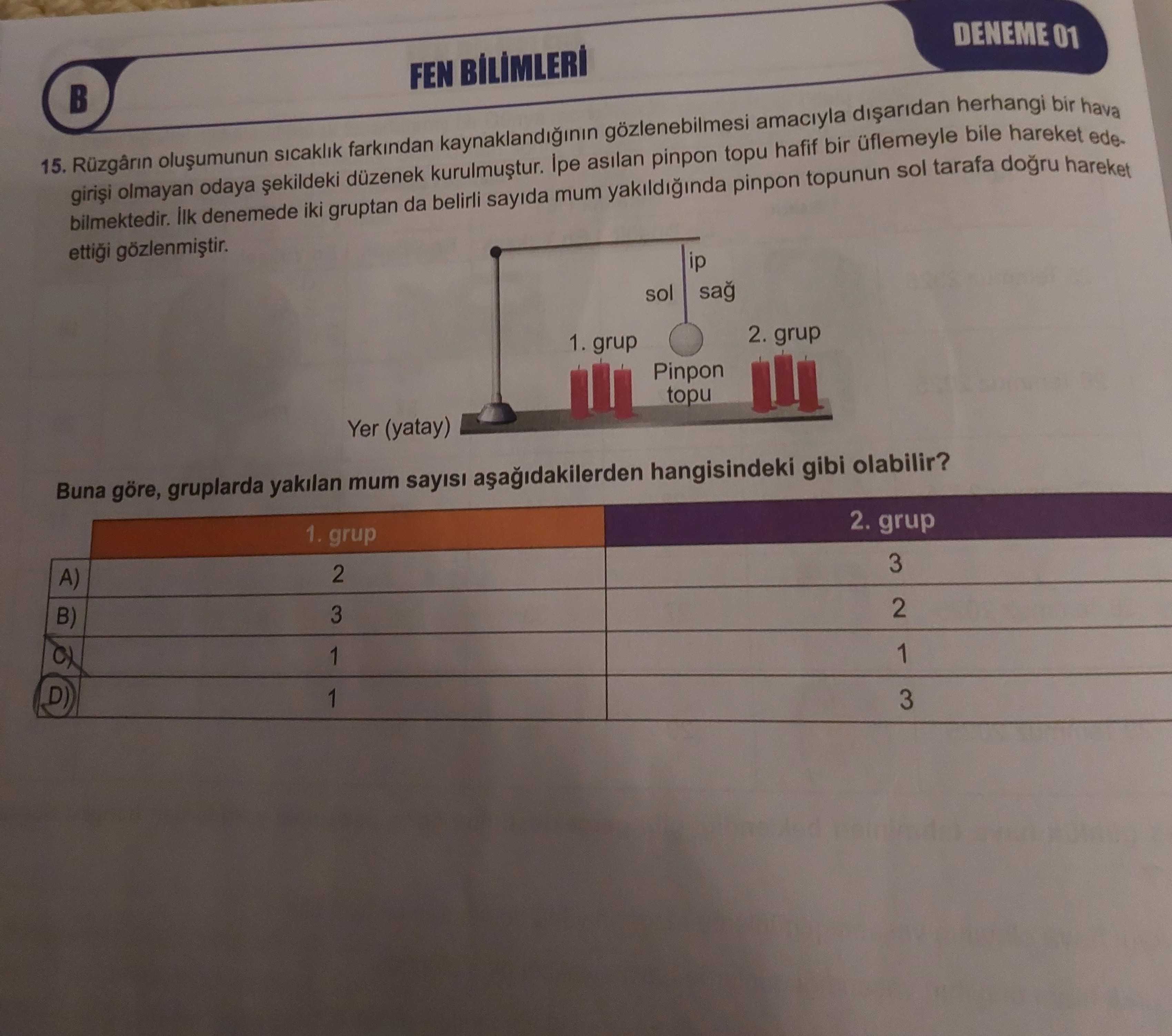 FEN BİLİMLERİ 15. Rüzgârın oluşumunun sıcaklık farkından kaynaklandığının gözlenebilmesi amacıyla