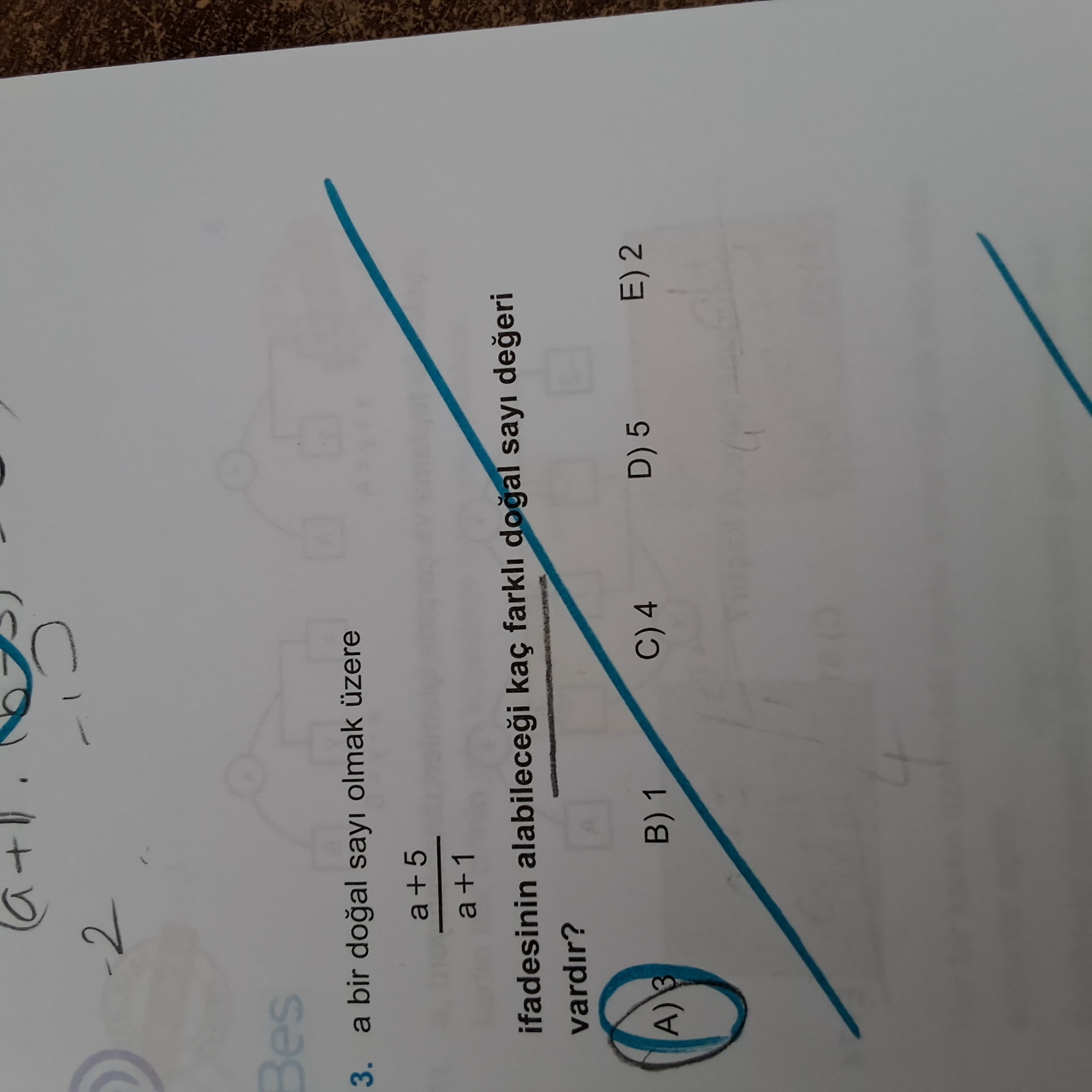 a bir doğal sayı olmak üzere (a + 5) / (a + 1) ifadesinin alabileceği kaç farklı doğal sayı değeri