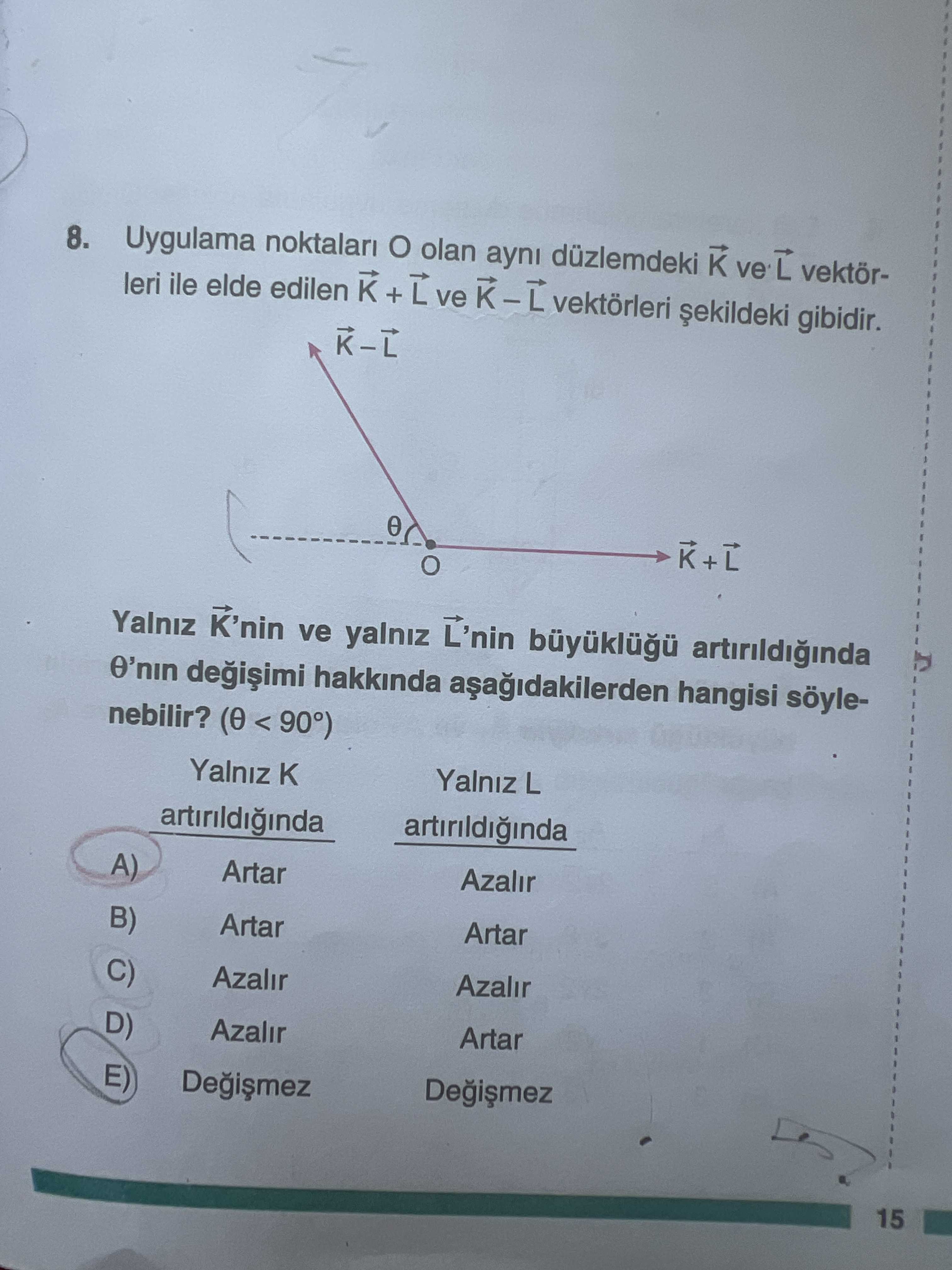 Uygulama noktaları O olan aynı düzlemdeki K ve L vektörleri ile elde edilen K + L ve K – L