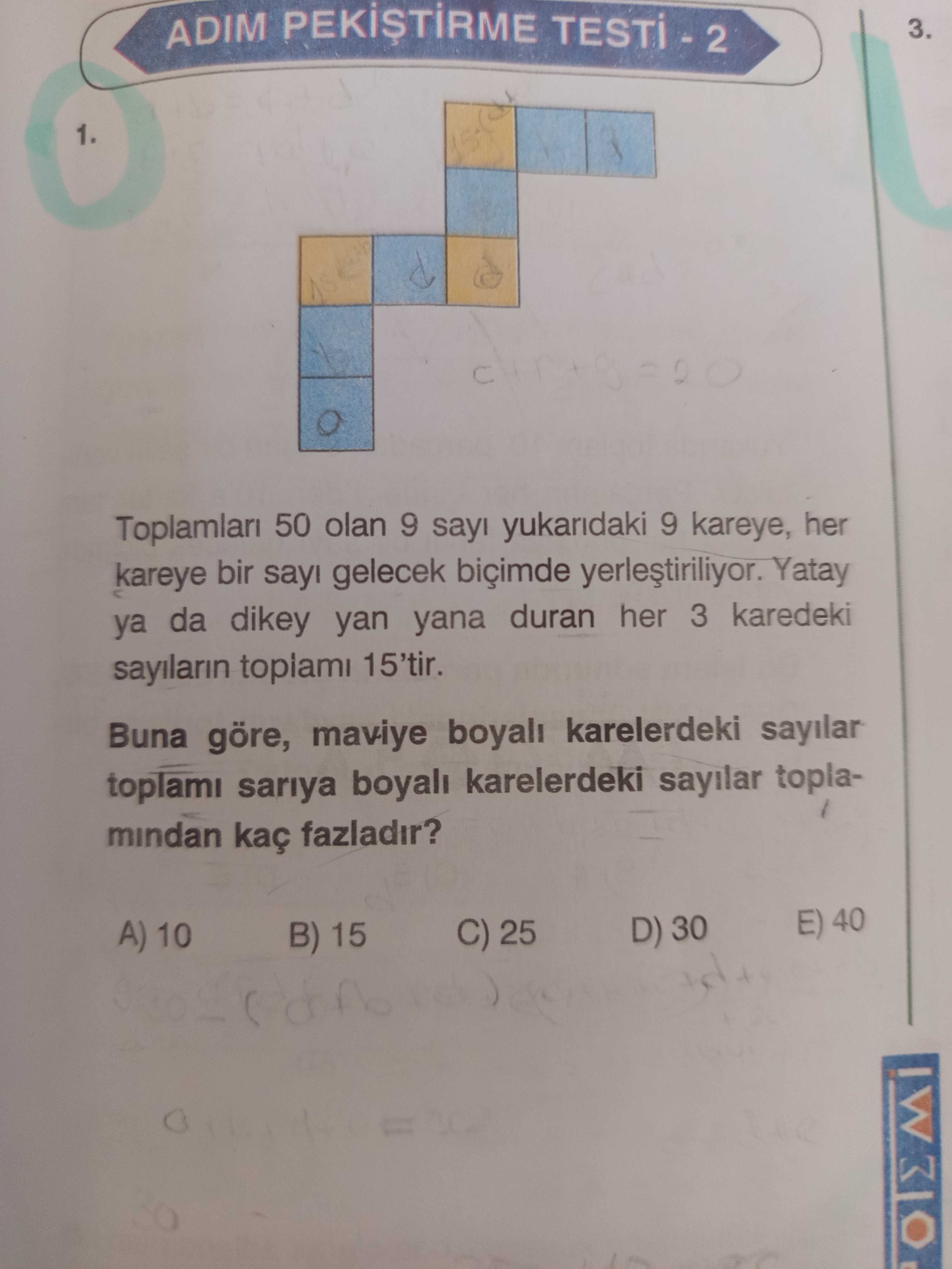 Toplamları 50 olan 9 sayı yukarıdaki 9 kareye, her kareye bir sayı gelecek biçimde yerleştiriliyor
