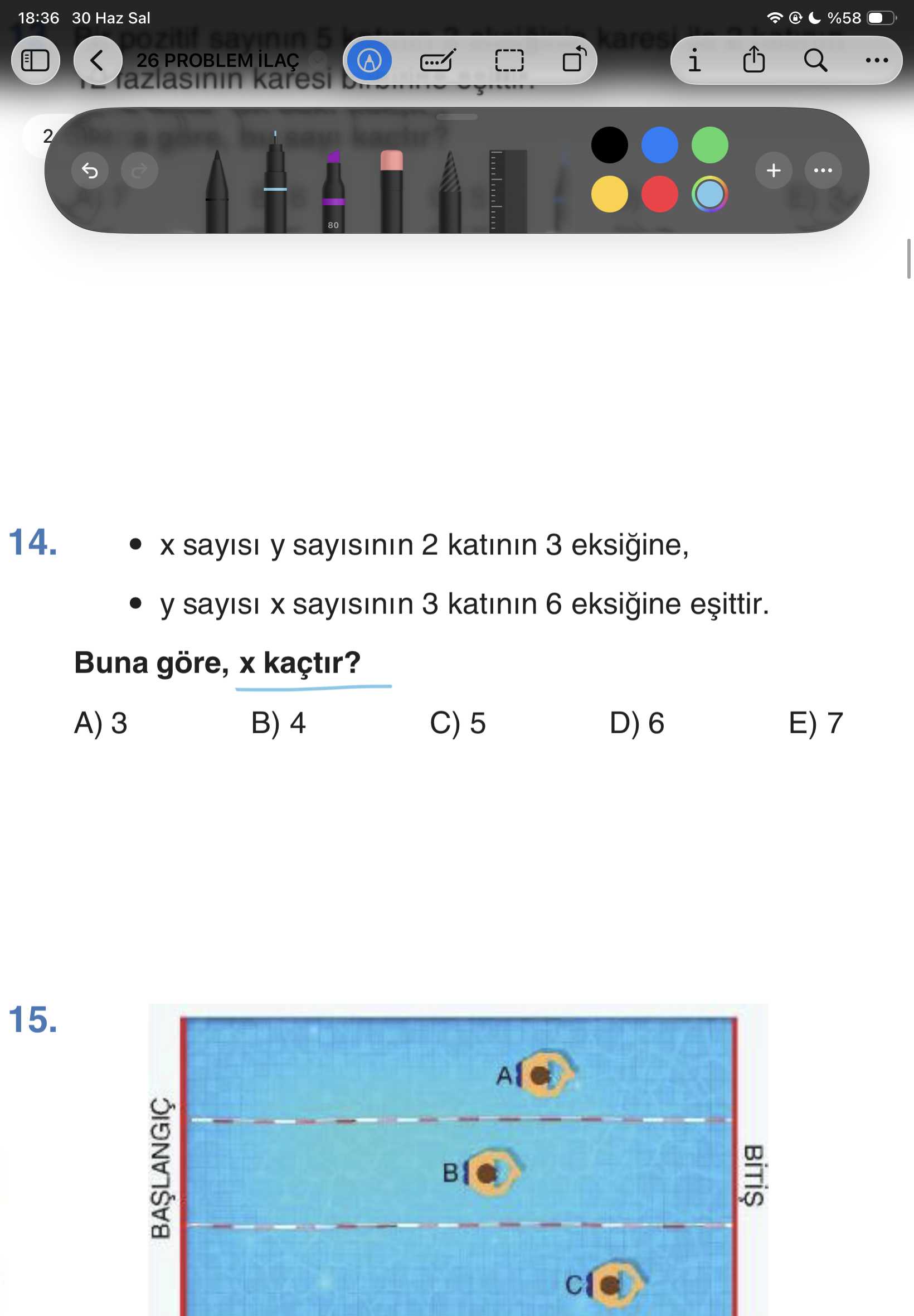 • x sayısı y sayısının 2 katının 3 eksiğine, • y sayısı x sayısının 3 katının 6 eksiğine eşittir