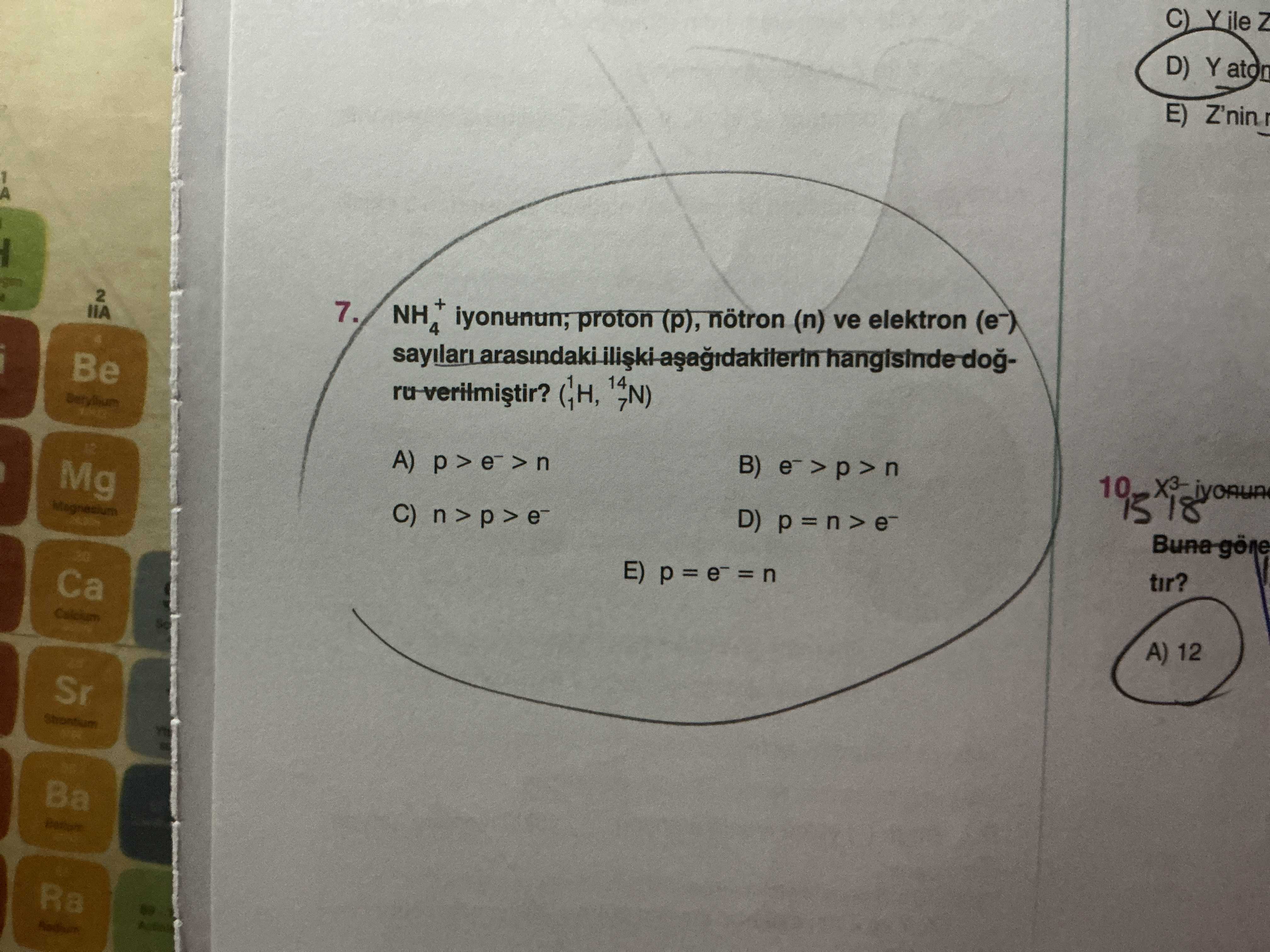 NH₄⁺ iyonunun; proton (p), nötron (n) ve elektron (e⁻) sayıları arasındaki ilişki aşağıdakilerin