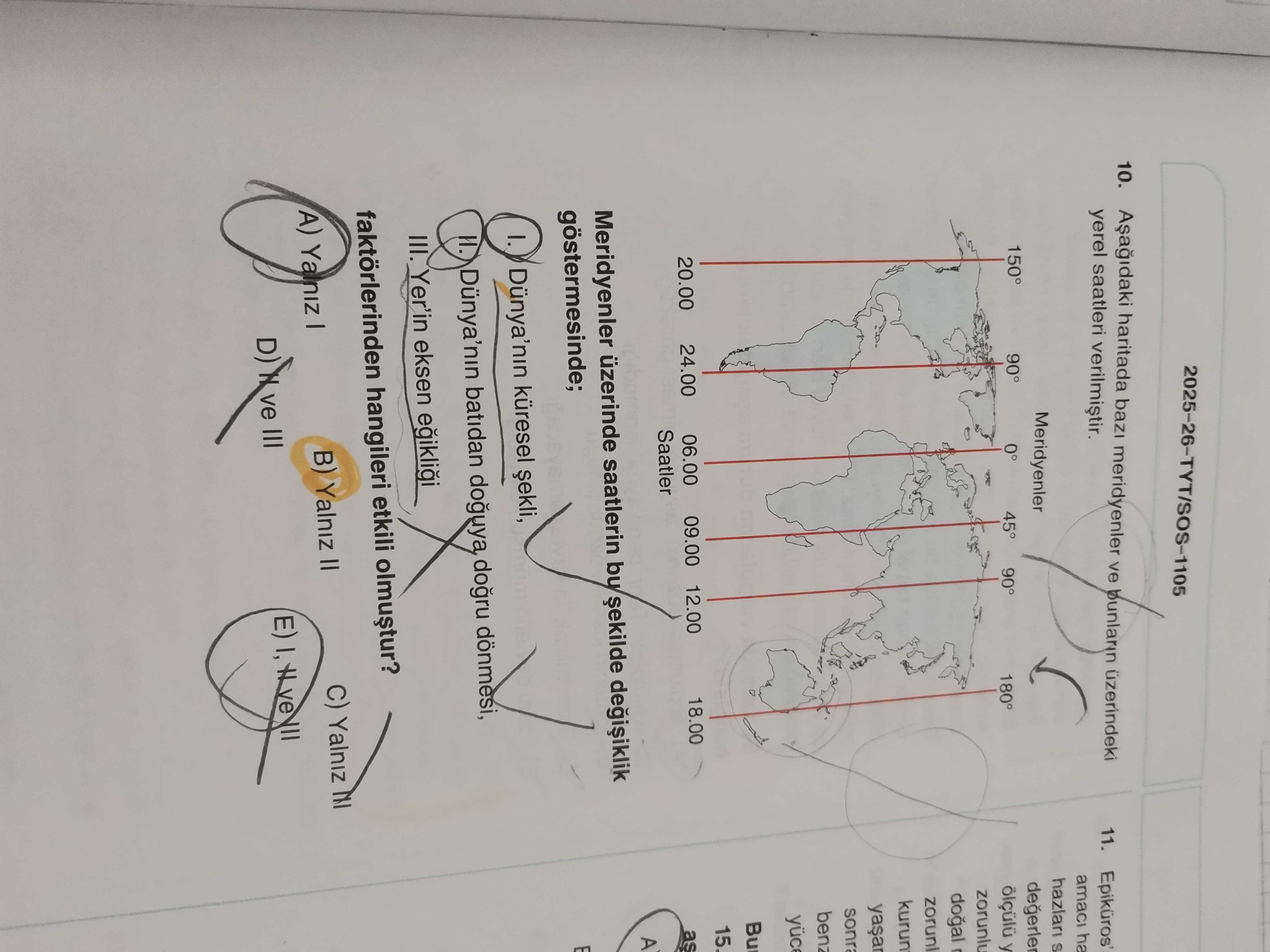Aşağıdaki haritada bazı meridyenler ve bunların üzerindeki yerel saatleri verilmiştir. Meridyenler