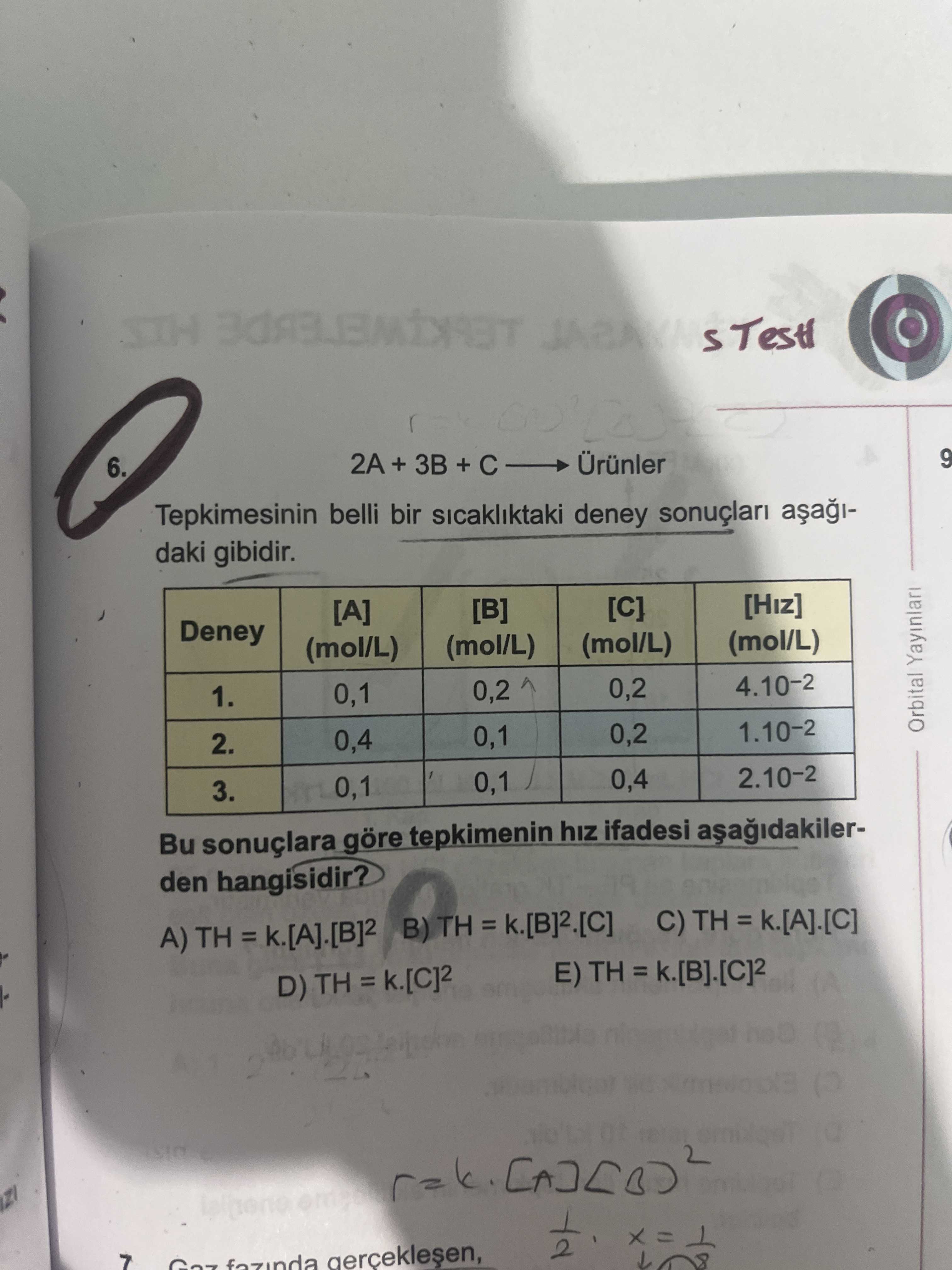 , [B], [C] konsantrasyonları ve hız değerlerini gösteren deney sonuçları tablosu] 2A + 3B + C ——→