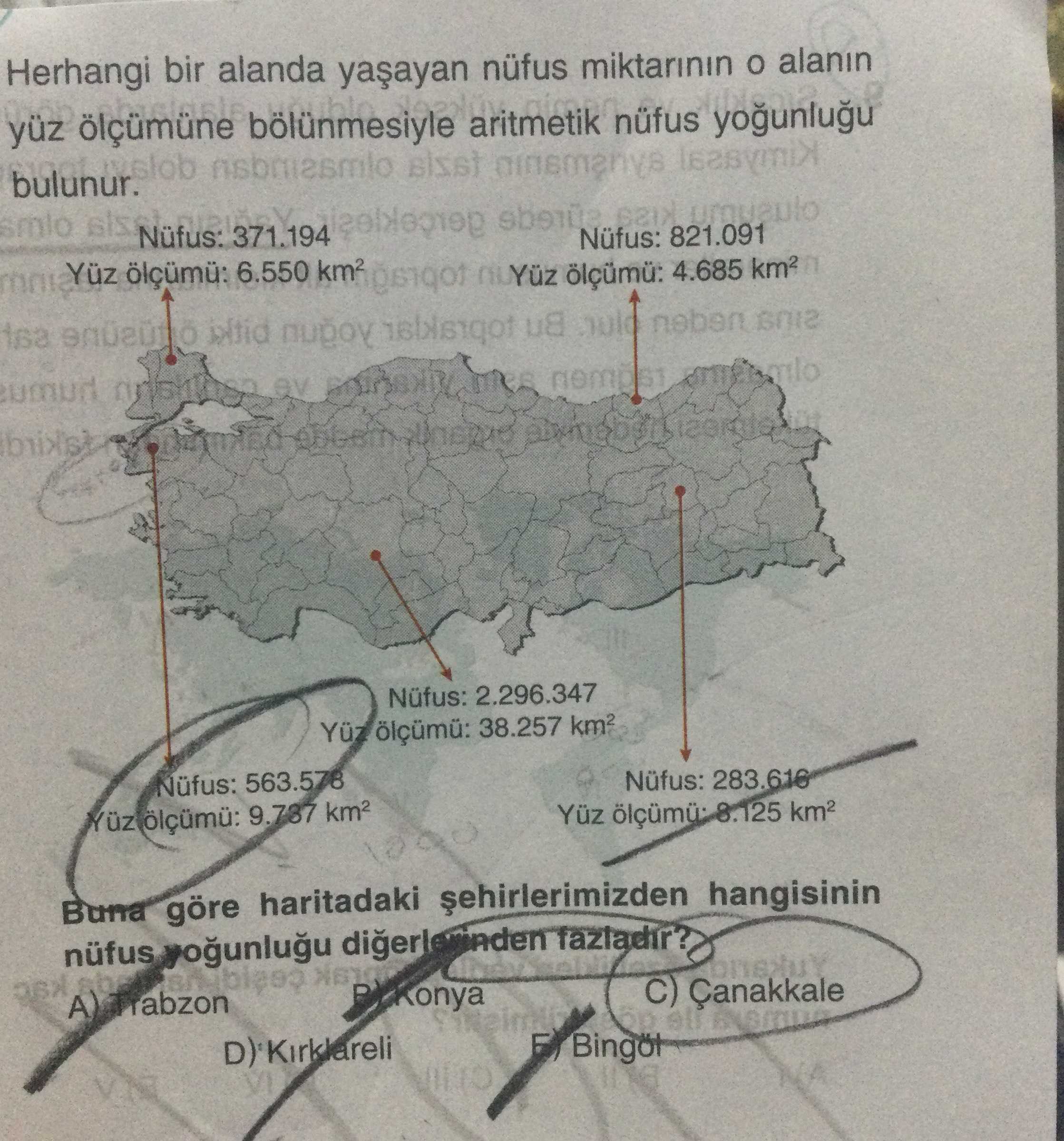 Herhangi bir alanda yaşayan nüfus miktarının o alanın yüz ölçümüne bölünmesiyle aritmetik nüfus
