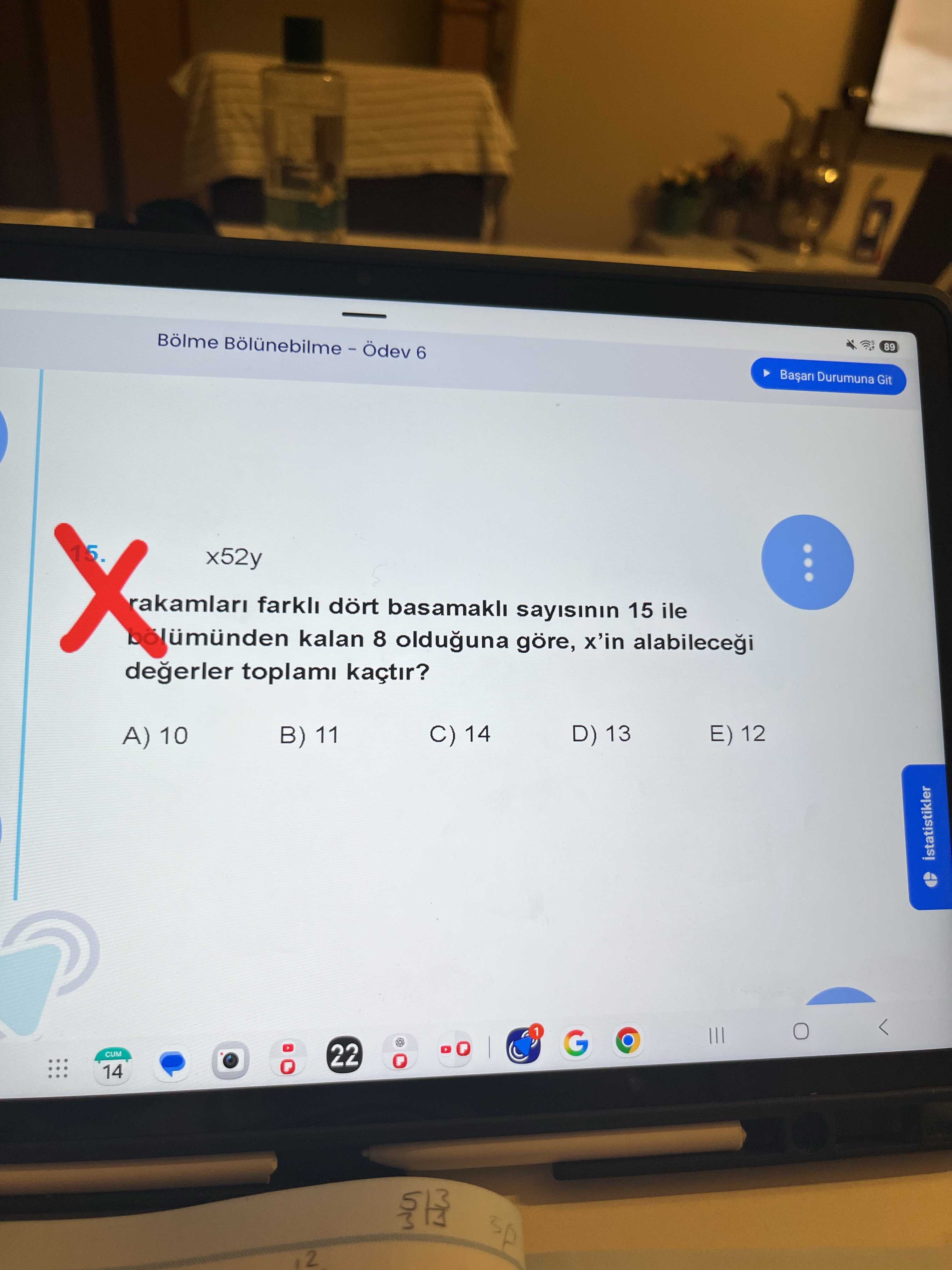 x52y rakamları farklı dört basamaklı sayısının 15 ile bölümünden kalan 8 olduğuna göre, x'in