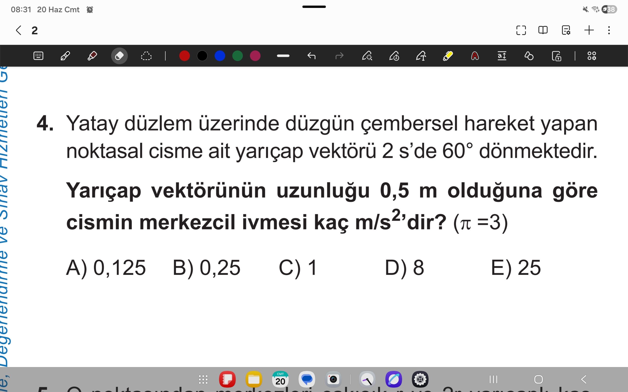 Yatay düzlem üzerinde düzgün çembersel hareket yapan noktasal cisme ait yarıçap vektörü 2 s'de 60°
