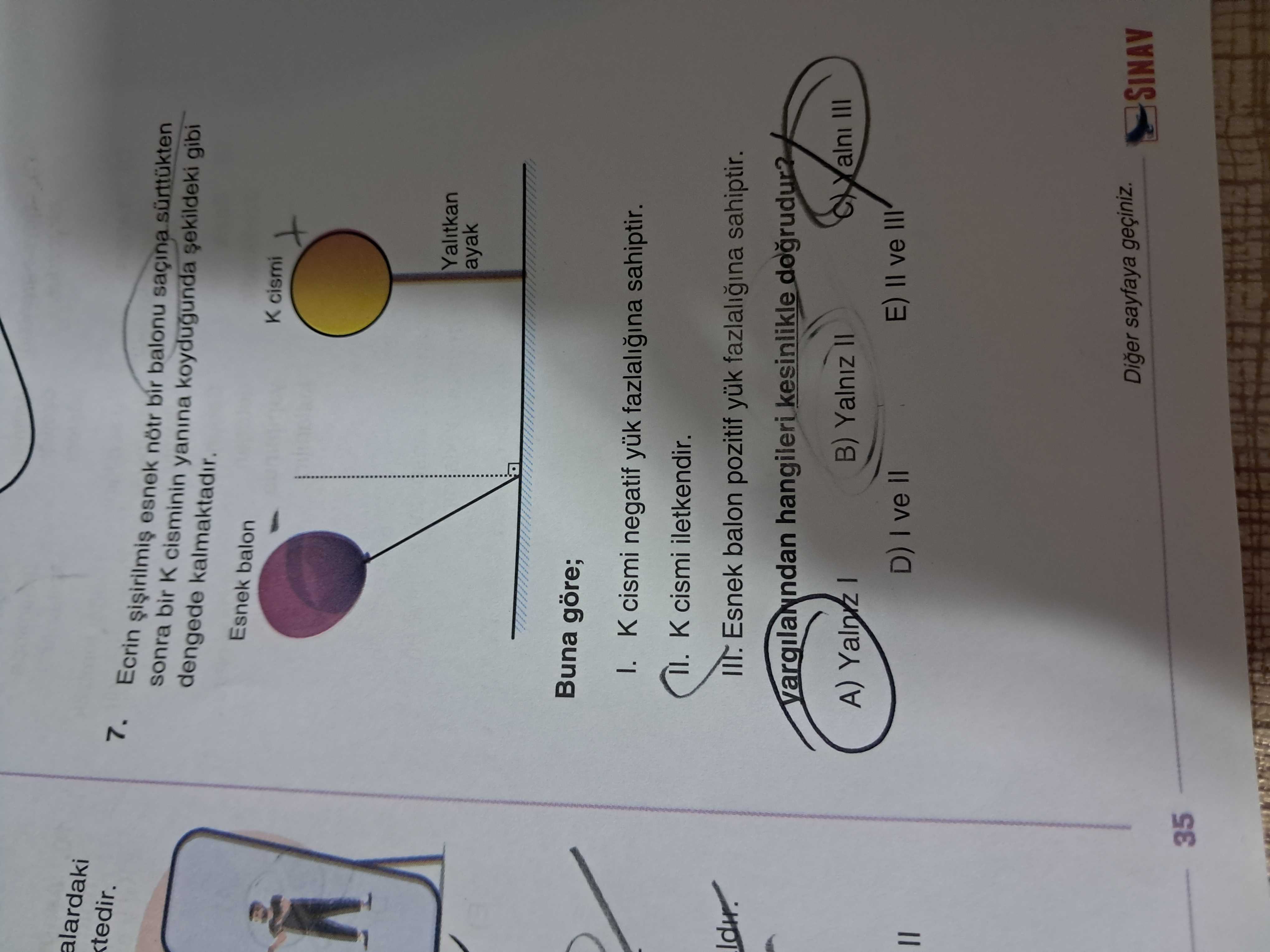 Ecrin şişirilmiş esnek nötr bir balonu saçına sürtükten sonra bir K cisminin yanına koyduğunda