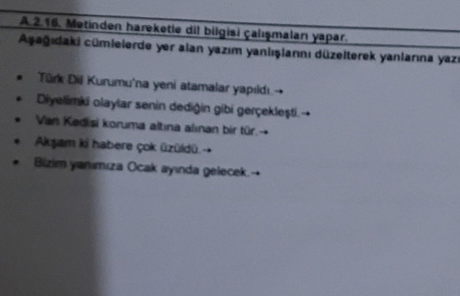 A 2 II. Metinden hareketle dil bilgisi çalışmaları yapar. Aşağıdaki cümlelerde yer alan yazım